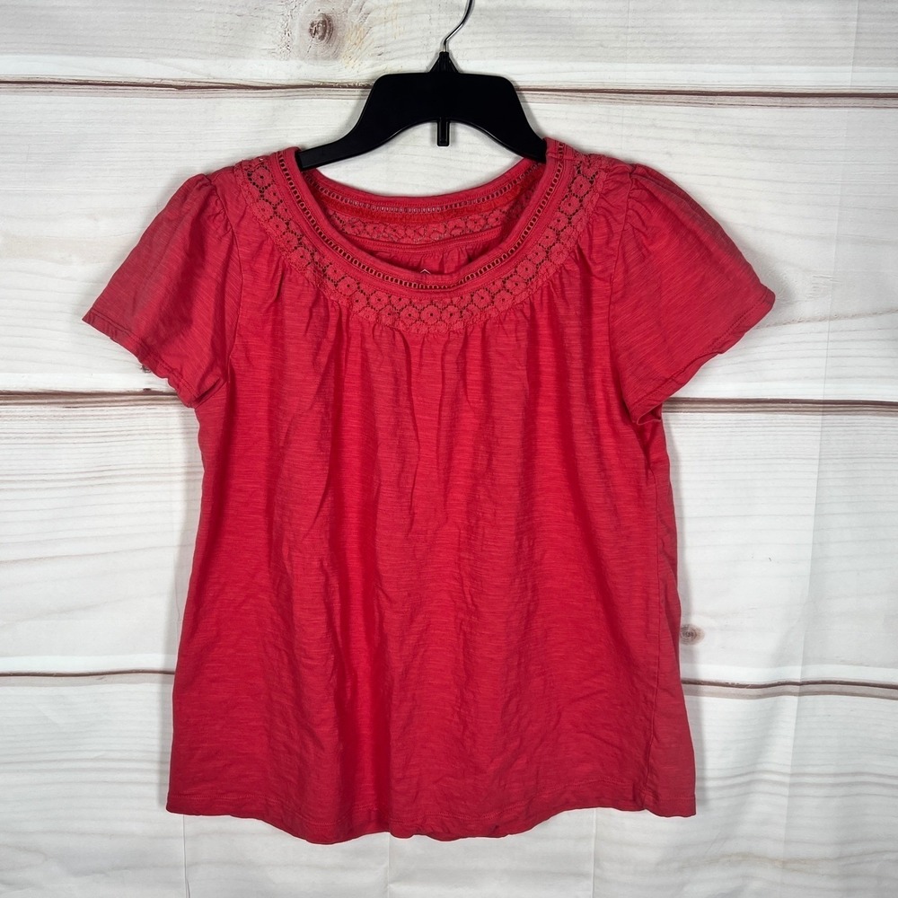 St Johns Bay Womens Red Crochet Lace Neck Short Sleeve Cotton Blouse Top Large